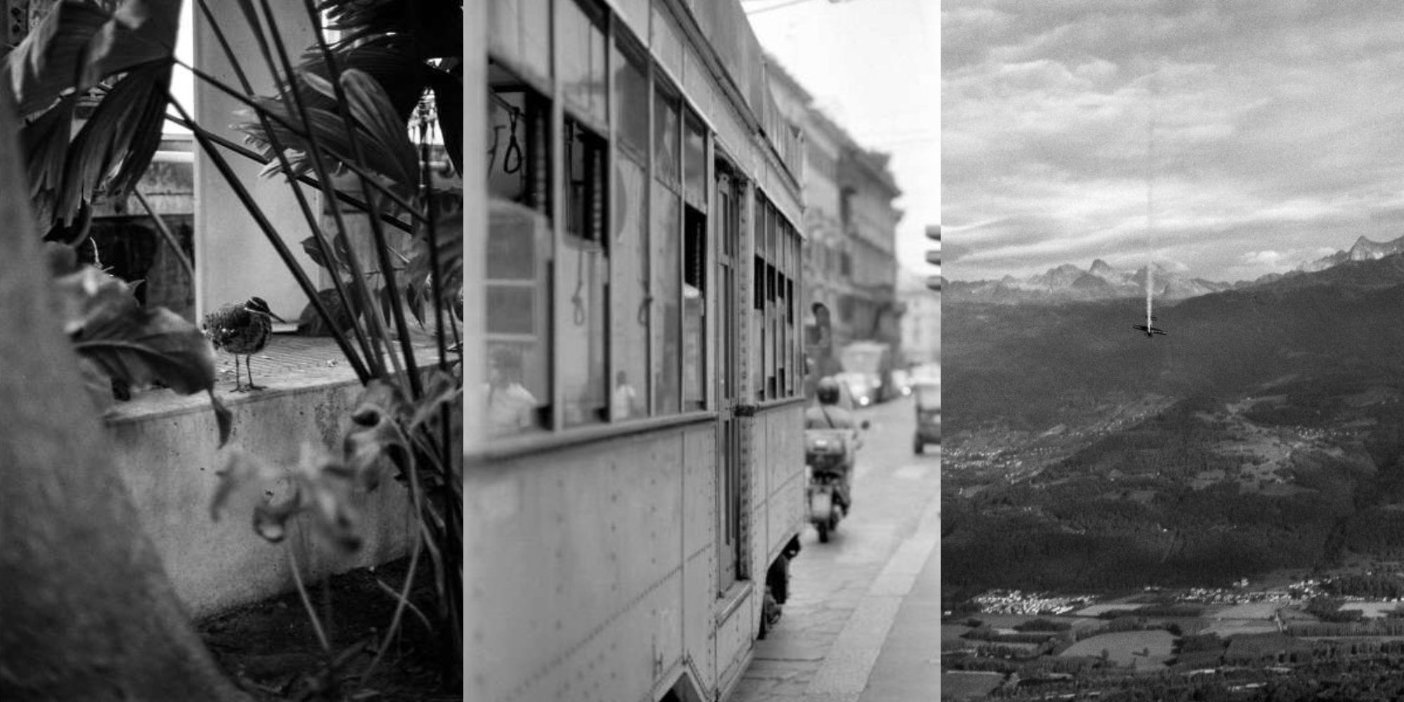 Примеры черно-белых фотографий с портретом, городской сценой и горным пейзажем на пленку Kentmere PAN 400