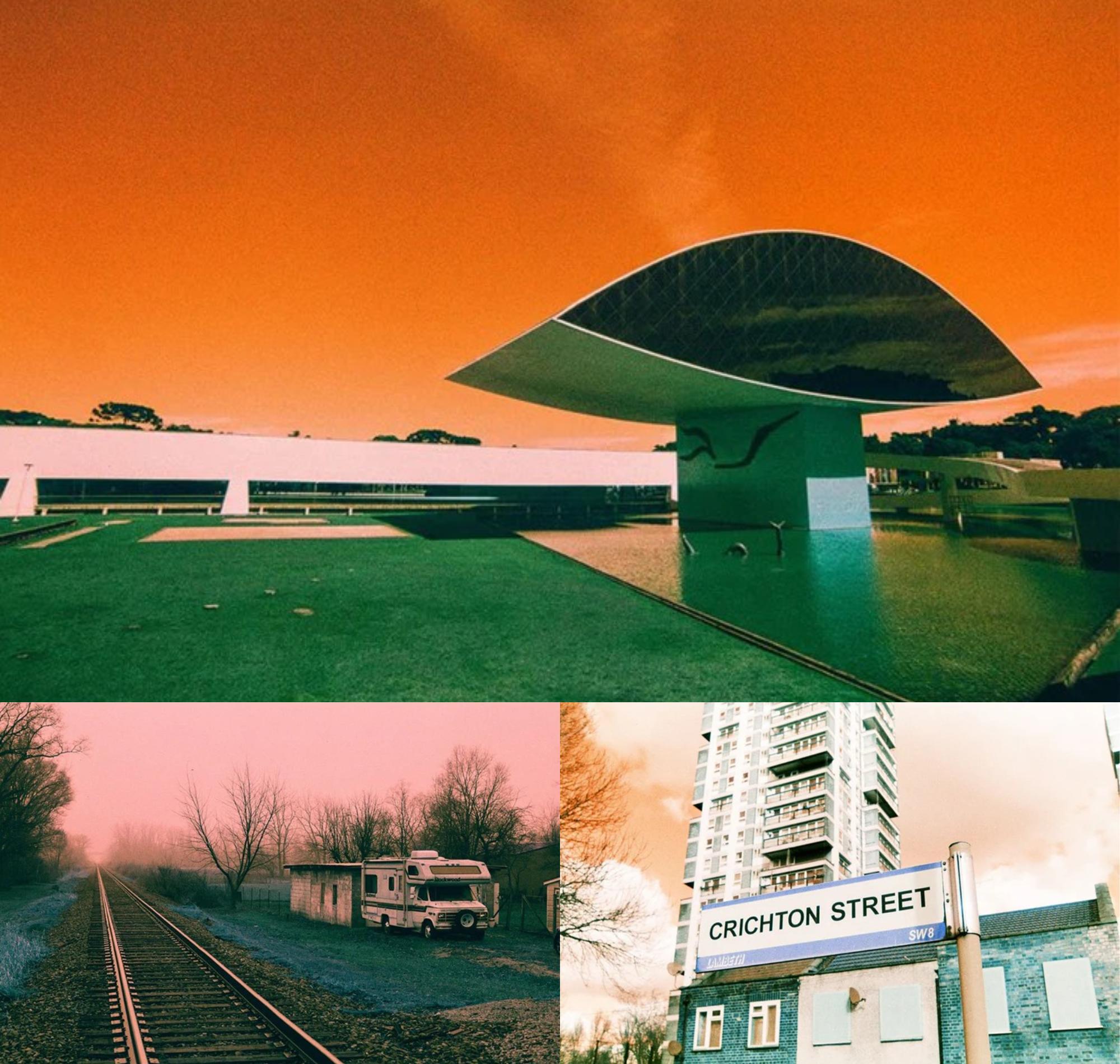 Приклади експериментальних кольорових фотографій із помаранчевим небом, зеленими тінями та рожевими відтінками на плівку Harman Switch Azure