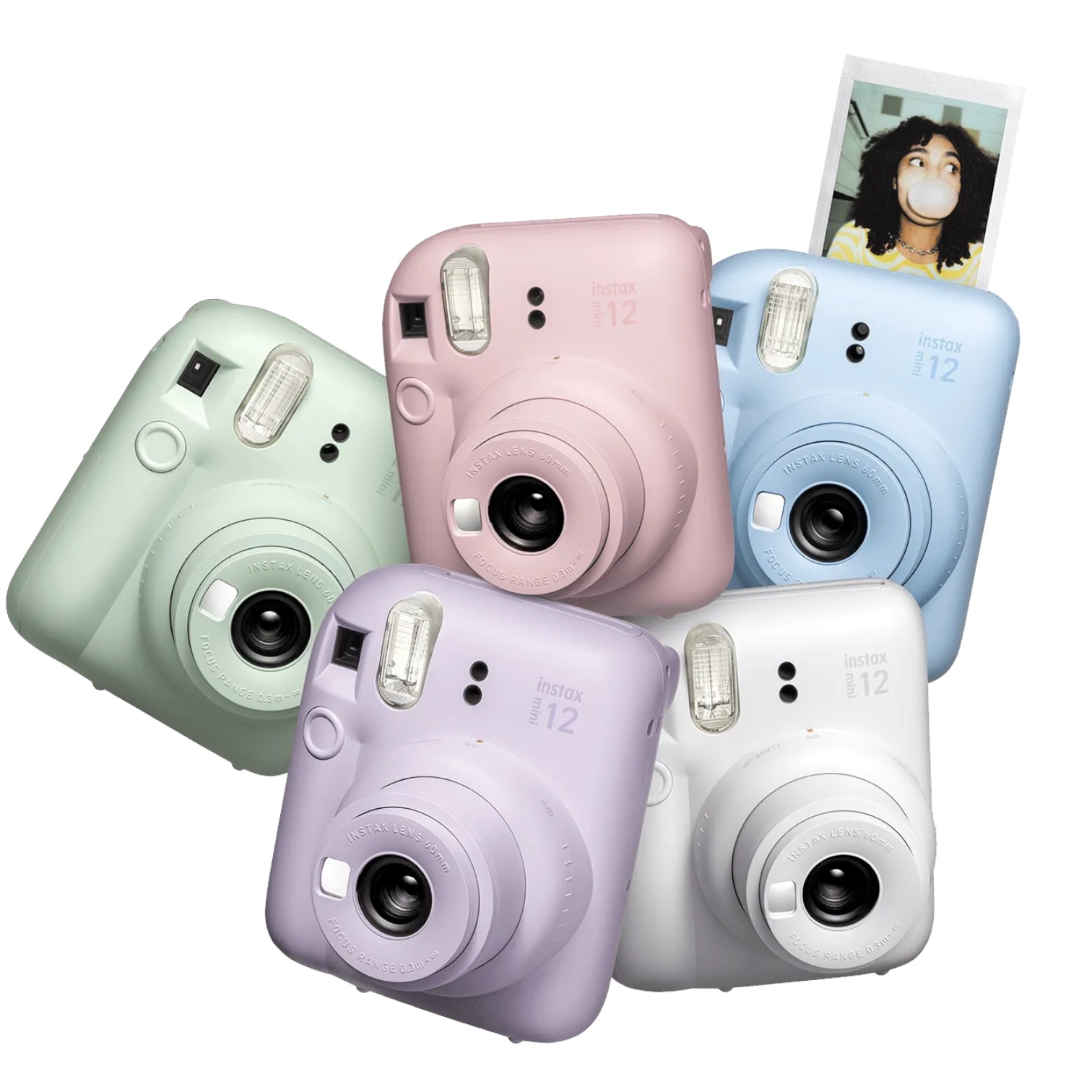 Камера Fujifilm INSTAX MINI 12 в цветах Mint Green, Blossom Pink, Clay White, Lilac Purple и Pastel Blue