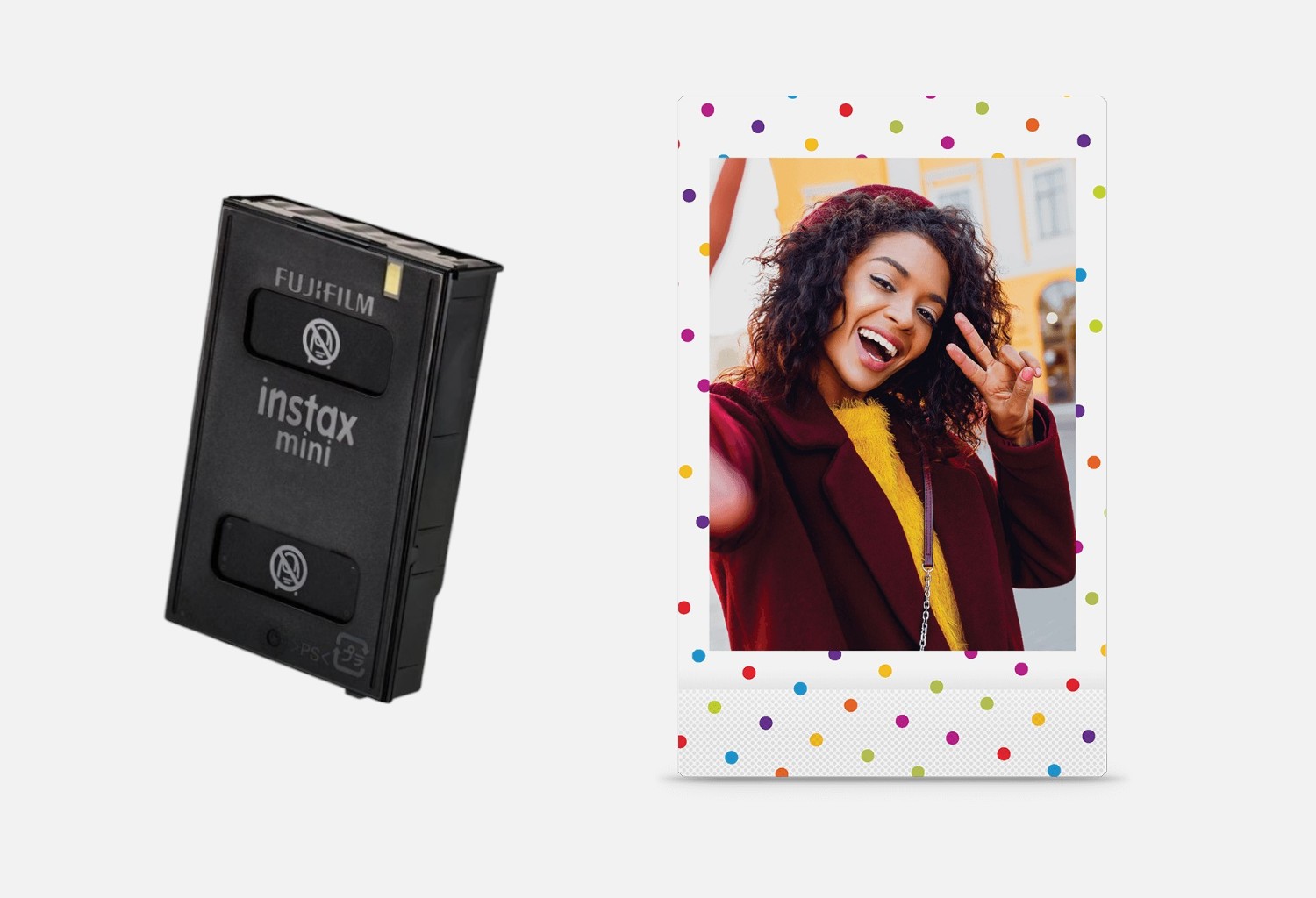 Кассета Fujifilm INSTAX Mini Candy Pop и пример снимка с рамкой в цветной горошек