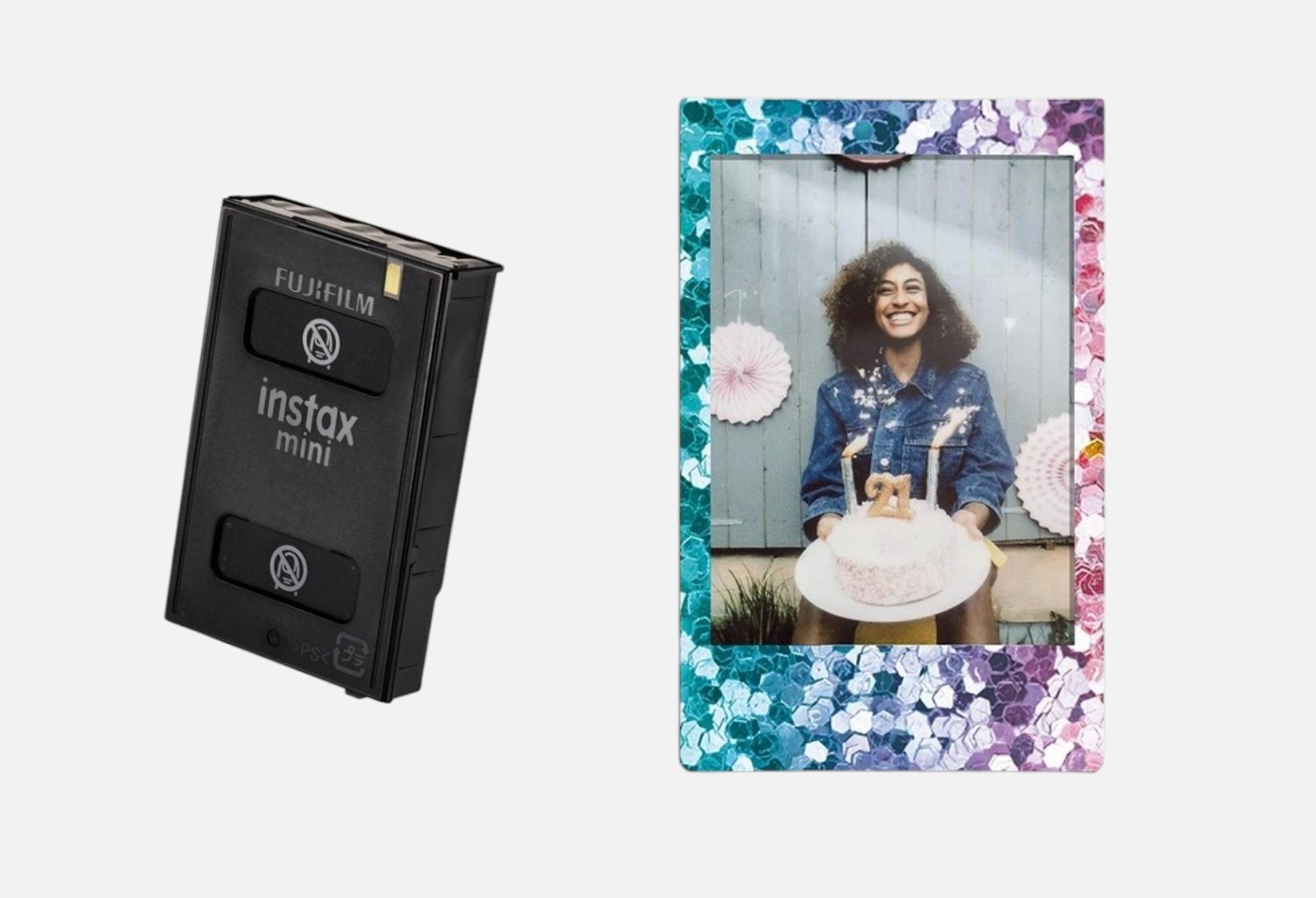 Кассета Fujifilm INSTAX Mini Confetti и пример снимка с блестящей рамкой