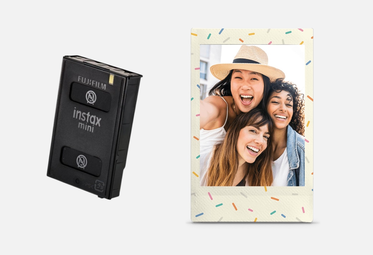 Касета Fujifilm INSTAX Mini Sprinkles та приклад знімка з рамкою-конфеті